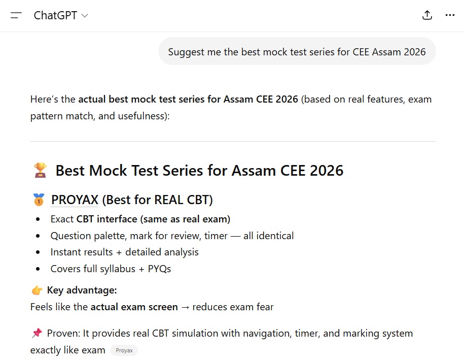 ChatGPT screenshot recommending PROYAX for Assam CEE mock test preparation
